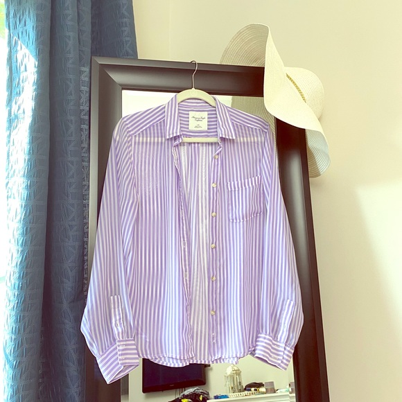 American Eagle Sheer Stripped Button Down Blouse - Picture 1 of 4
